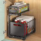 Pull-Out Under Sink Organizer, 2-Tier Adjustable Height Sliding Shelf for Kitchen/Bathroom Cabinet Storage, Black & White
